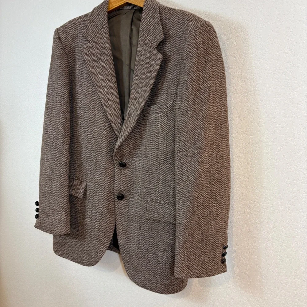 Vintage 70s Harris Tweed Blazer 44 Brown Herringbone Wool Sport Coat Heritage